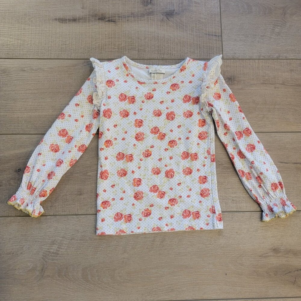 Matilda Jane Size 4 Georgia Tee Top, Wonderful Parade, Lace Ruffle Sleeve.